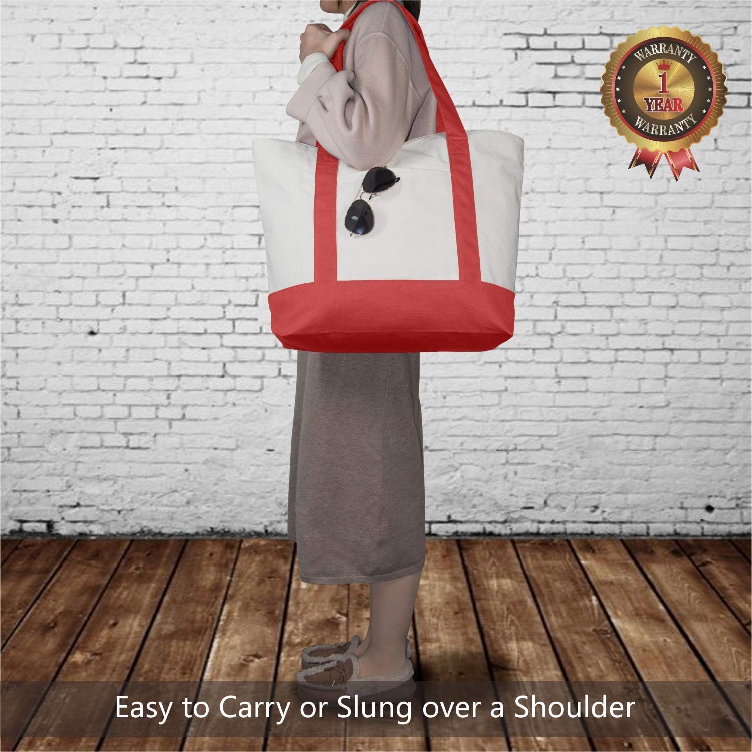 TOPDesign 1-Pack Canvas Tote Bag with an External Pocket, Reusable Grocery Shopping Bag, Top Zipper Closure, Daily Essentials (Red/Natural) - Image 2