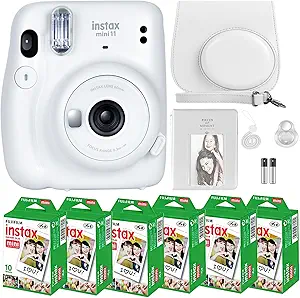 Fujifilm Instax Mini 11 Camera with Fujifilm Instant Mini Film (60 Sheets) Bundle with Deals Number One Accessories Including Carrying Case, Selfie Lens, Photo Album, Stickers (Ice White)