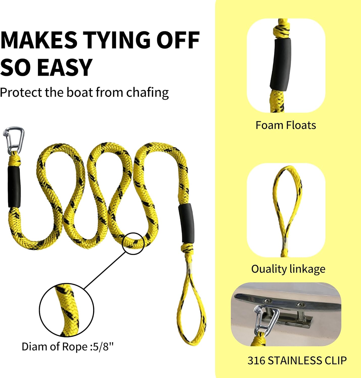 7-11FT Boat Bungee Dock Lines with 316 Stainless Steel Clips – Stretchable Elastic Mooring Ropes for Pontoon Boat,Seadoo,Bass Boat,Kayak,Watercraft,Fishing Boat,2Pac (Yellow)