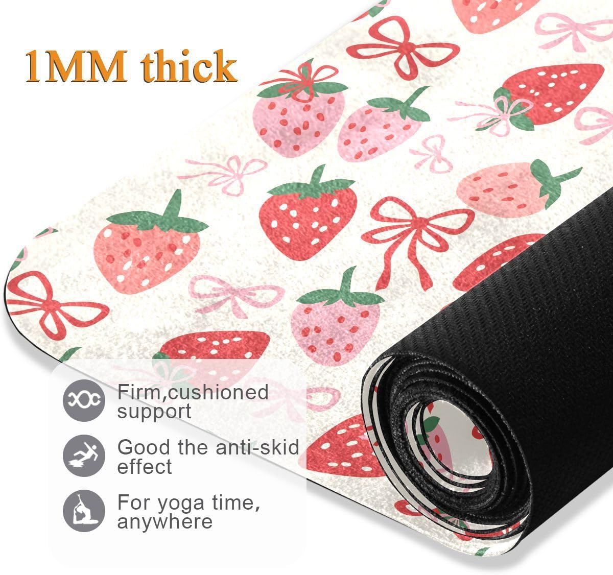 ALAZA Strawberry Simple Lines Bow Pattern Yoga Mat Non Slip Fitness Exercise Mat, Workout Mat for Yoga, Pilates and Floor Exercises