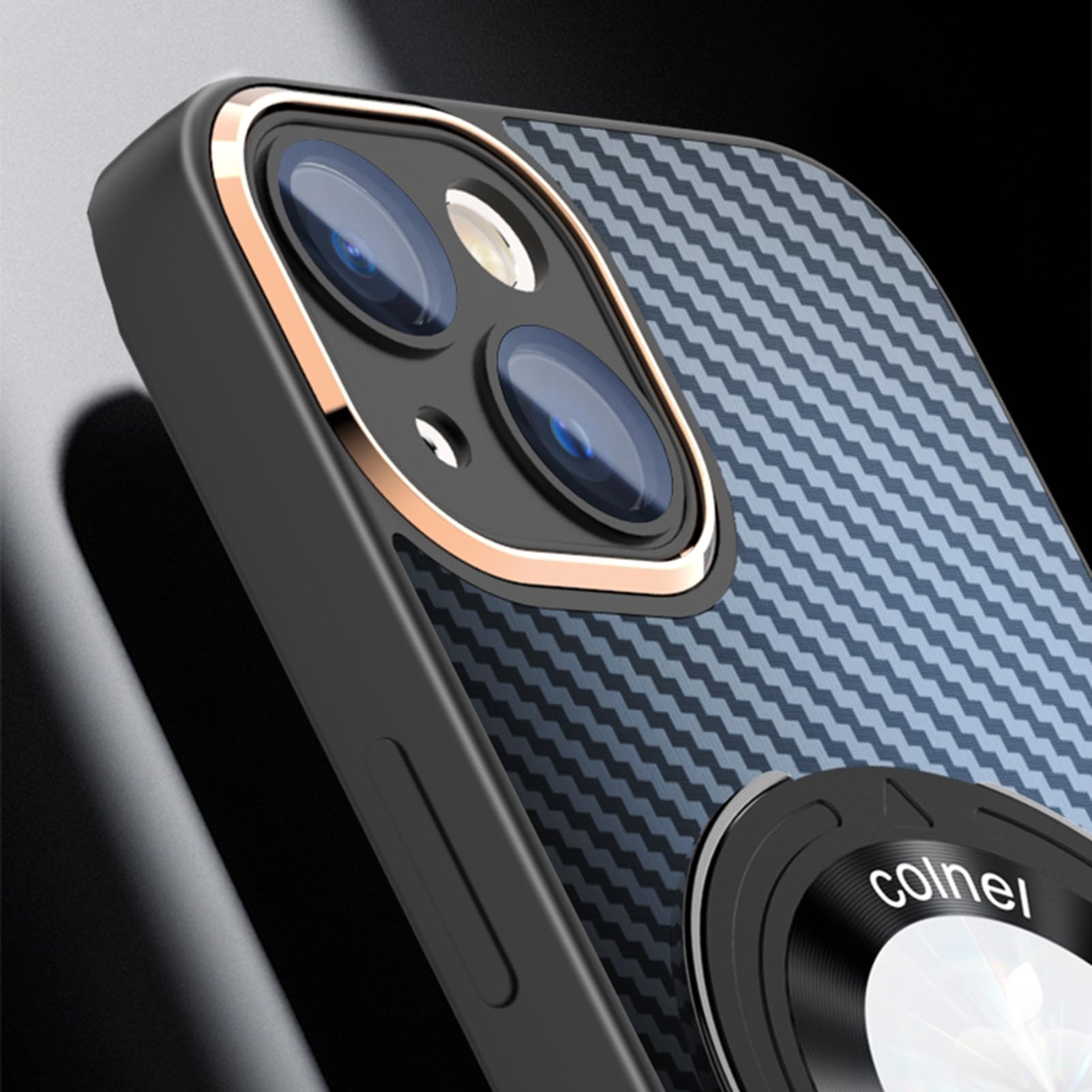 Etui magnetyczne do iPhone'a 15Pro Max/15 Pro/15 Plus/15, z podstawką pierścieniową Ochronna obudowa telefonu z teksturą włókna węglowego Widok logo, czarna, 15