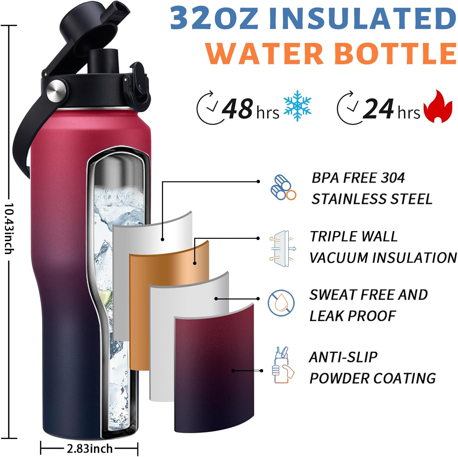 32/40 oz Insulated Water Bottle with straw Fit in any Car Cup Holder, Keep Cold 48H Hot 24H,Stainless Steel Water Bottle with Spout lid, Carrier Bag, Paracord Handle for Gym, Workout & Beach - Image 3