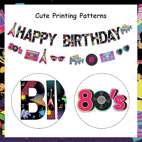 Miniatura 6 de Sursurprise Decoraciones de fiesta temática de regreso a los 80, pancarta de feliz cumpleaños de los años 80, suministros de fiesta de cumpleaños