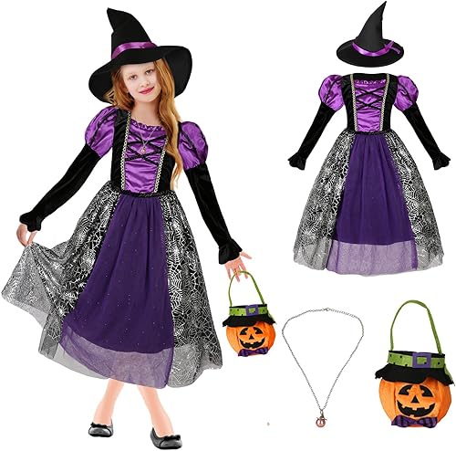 Ainiel Disfraz de bruja para niñas, disfraz de bruja para niñas, disfraz de bruja de lujo, disfraz de bruja para niños pequeños, fiesta de disfraces