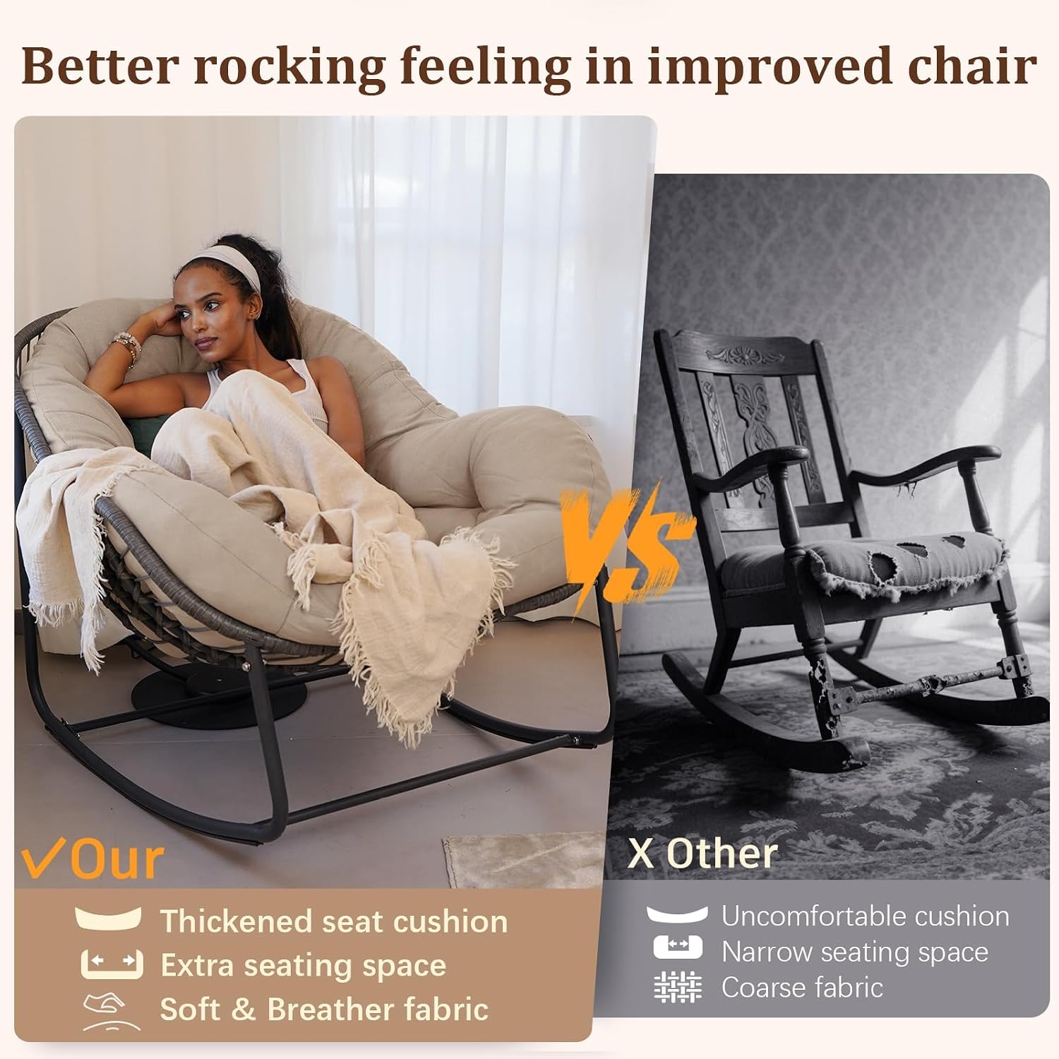 Oversized Papasan Rocking Chair, Comfy Rocking Chair Indoor, Egg Chair with Padded Cushion, Rattan Rocking Chair for Bedroom, Living Room (Beige)