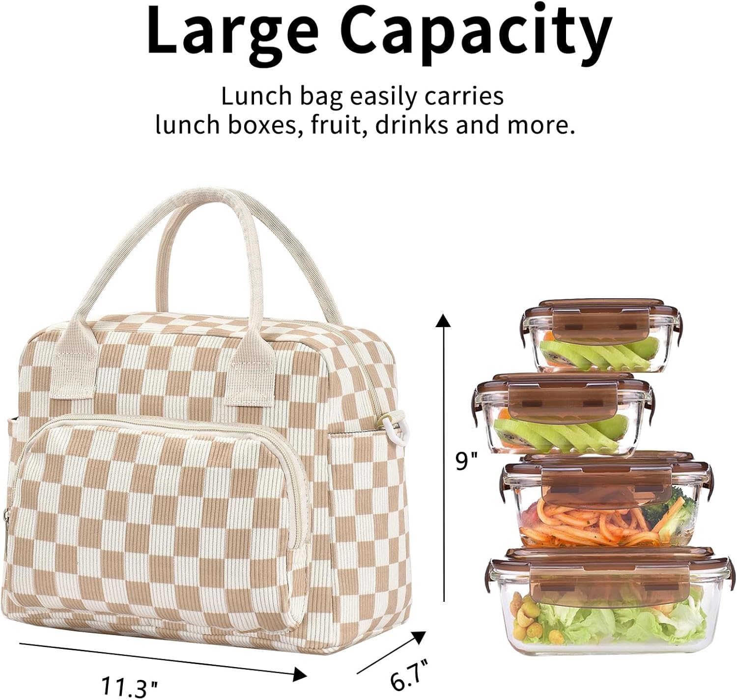 Lunch Bag Women Lunch Box for Women Adult Cute Insulated Lunch Bag Lager Cooler Lunch Tote Bags for Work Picnic (Beige-Brown Plaid) - Image 3