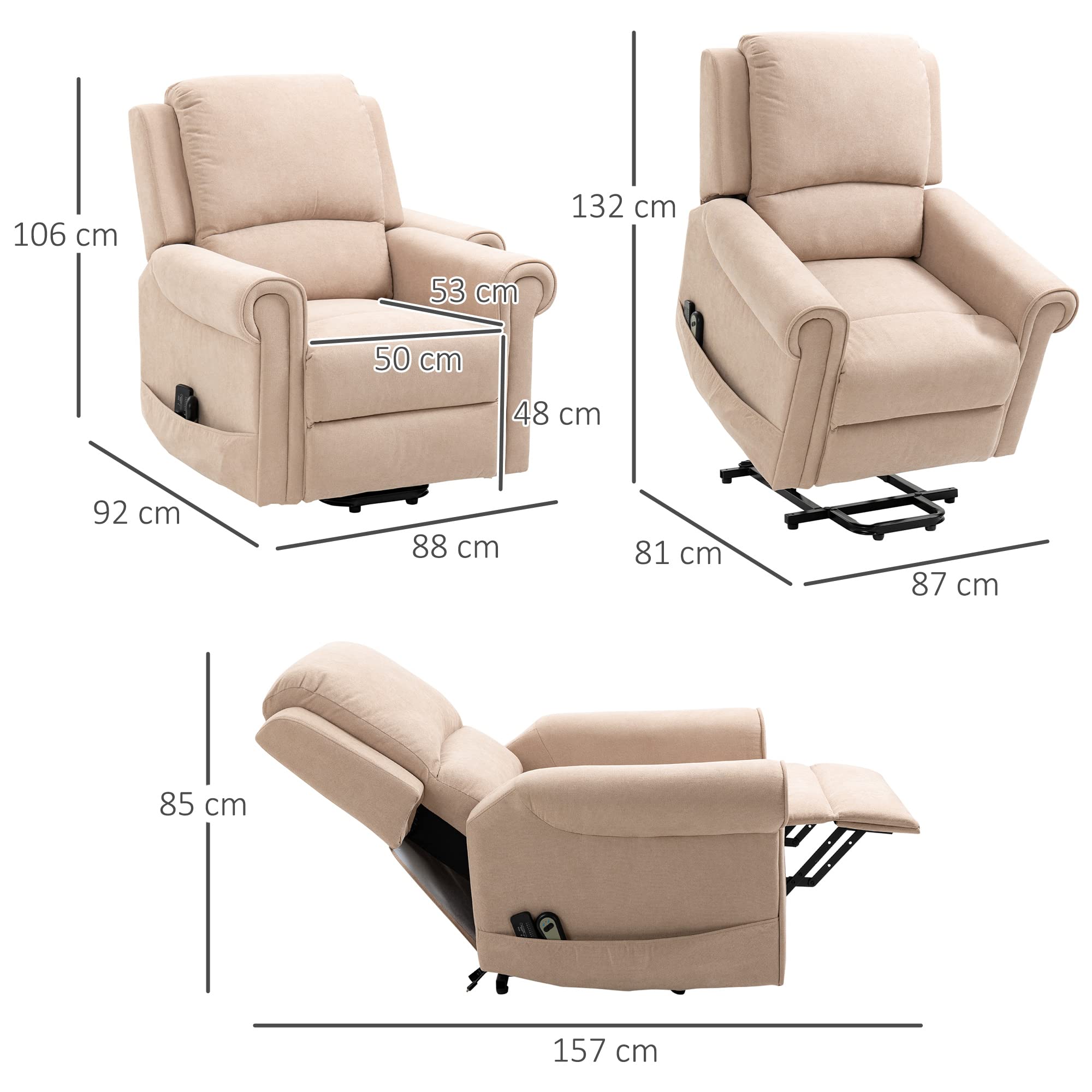 HOMCOM Poltrona Elettrica Alzapersona con 8 Punti Massaggio, Reclinabile 135°, Poltrona Relax Elettrica in Velluto per Anziani e Disabili con Telecomando, Poggiapiedi, Tasche Laterali, Marrone Chiaro