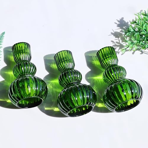 Miniatura 2 de Woho Juego de 3 portavelas cónicos verdes para decoraciones navideñas, portavelas de vidrio acanalado de 4.3 pulgadas de alto para mesa de boda de