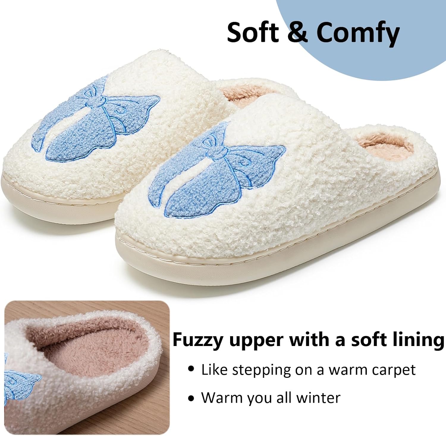 Cute Bow House Slippers Memory Foam Fuzzy Shoes for Women Non-Slip Warm Indoor Outdoor image 3
