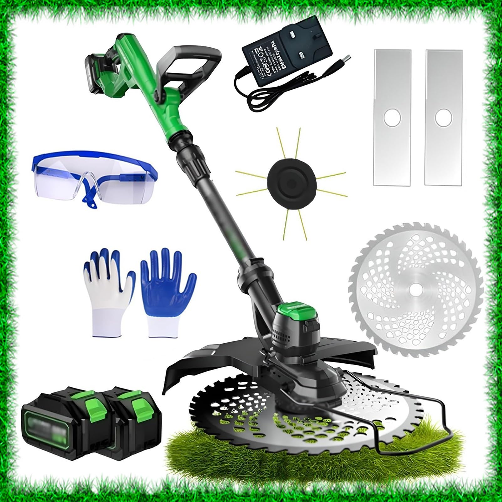 Desbrozadora eléctrica inalámbrica, sin escobillas, for jardín, con Guantes, Gafas Protectoras, 2 baterías de 3000 mAh, 3 Tipos de Cuchillas, retráctil de 1 a 30 cm, for jardín.