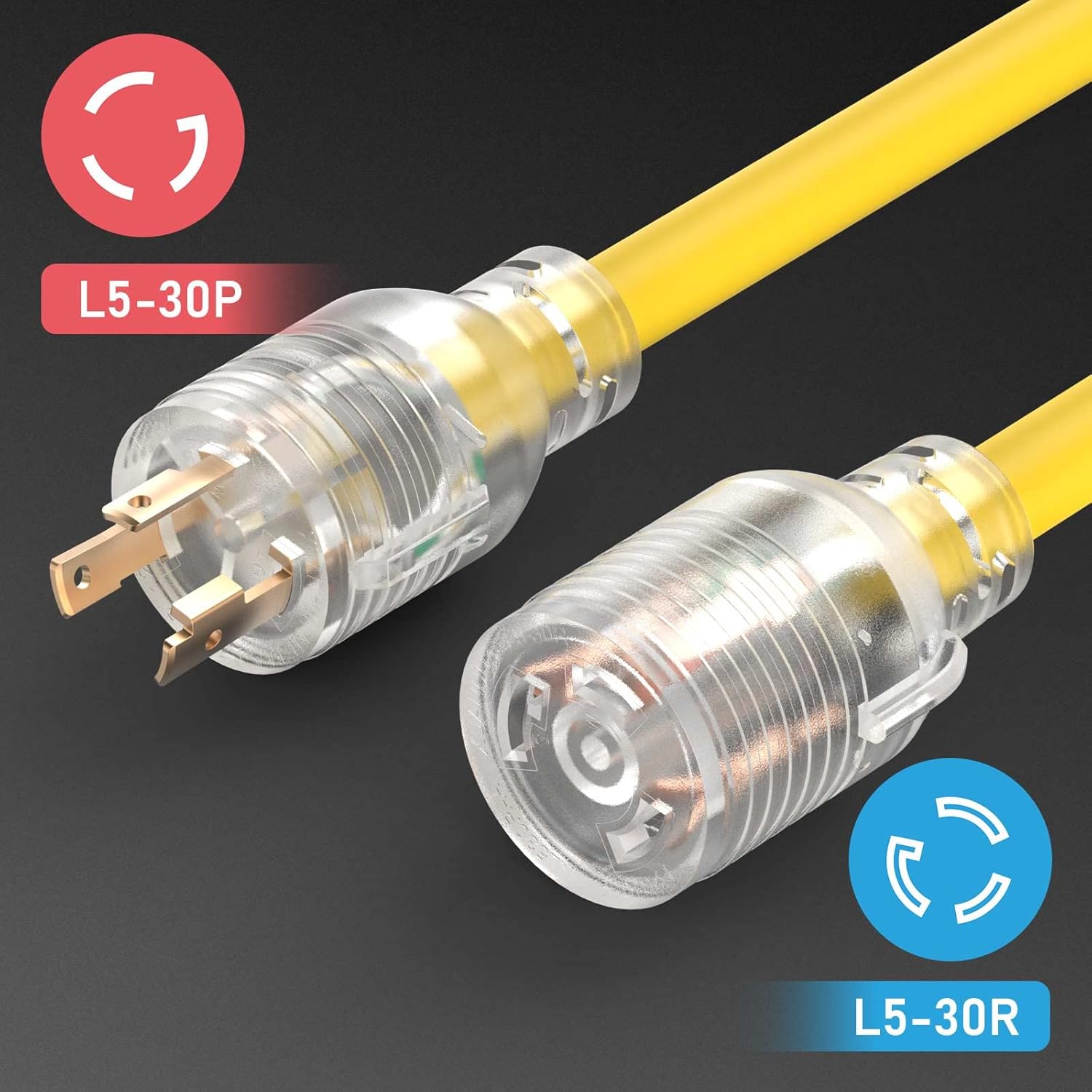TOOLIOM 30 Amp Generator Cord, L5-30P/L5-30R Generator Extension Cord, UL Listed 125V 3750W 10 AWG SJTW with Lighted Power Indicator (25FT)