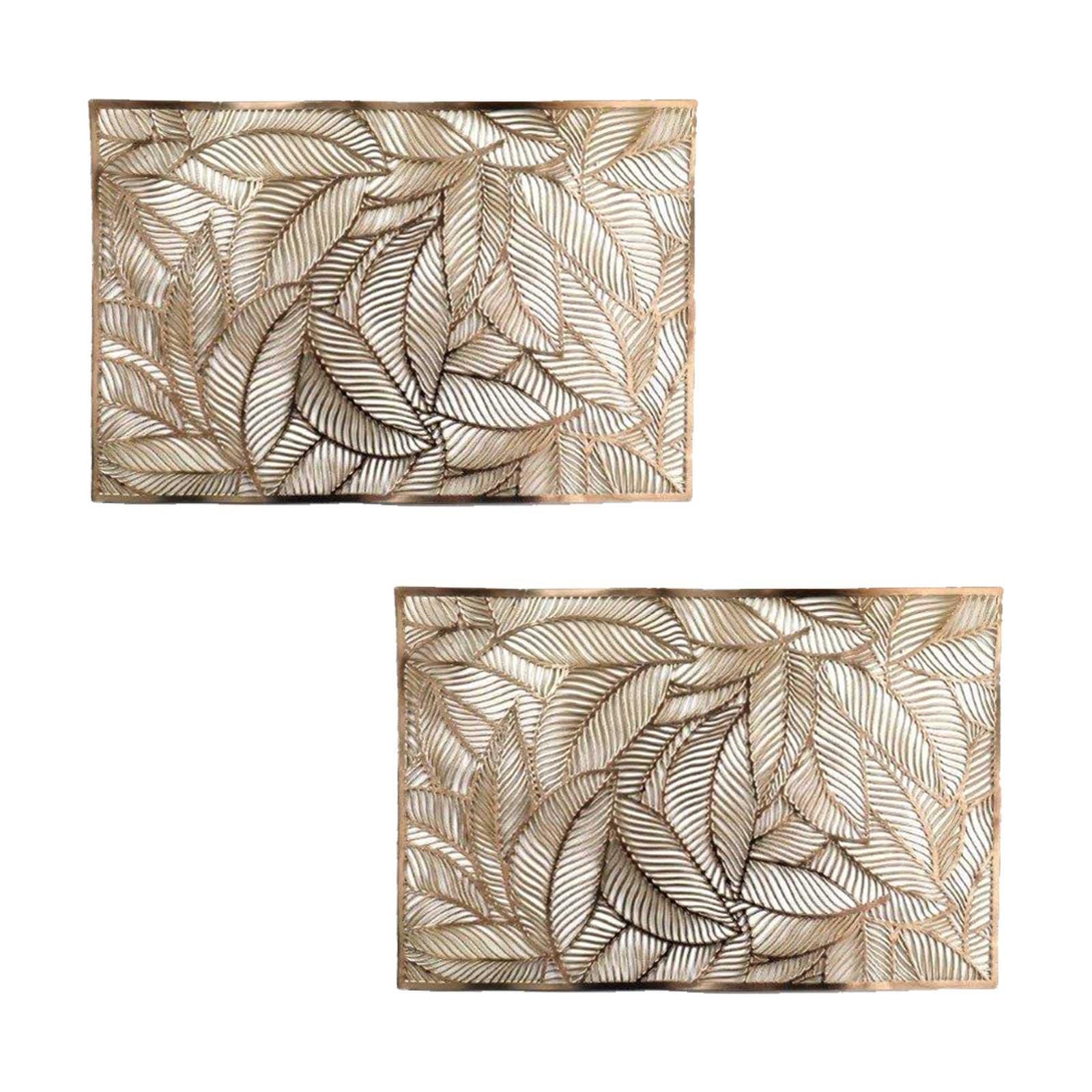 HOMESCAPES Set of 2 Gold Floral Leaf Placemats 100% PVC Wipeable Dinner Mats
