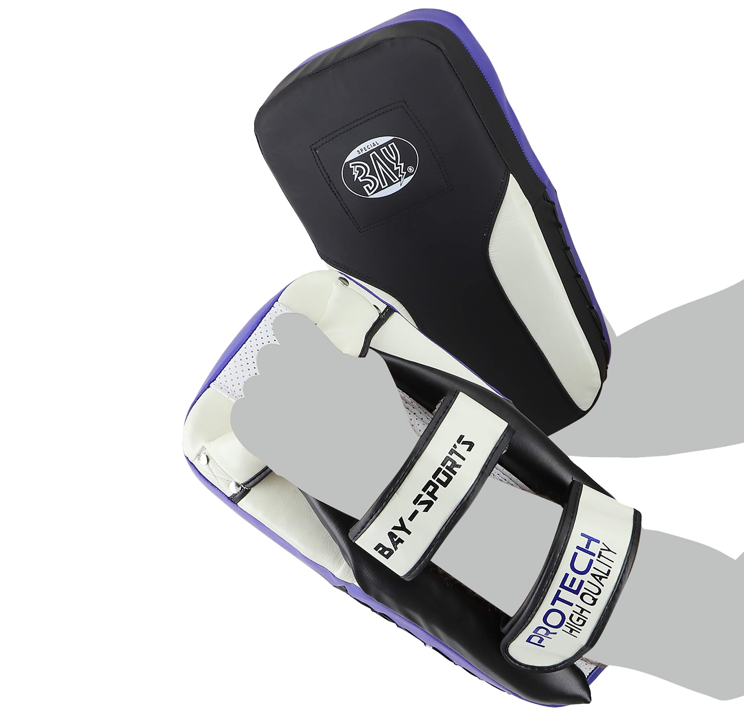 BAY LEDER PRO TECH Arm-Pratzen, Handpratzen, Armschlagpolster, vorgekrümmt, schwarz, Pratzen, krumm, Schlagpolster Schlagkissen Trainerpratzen Kickboxen, Muay Thai Thaiboxen MMA Handschlagpolster