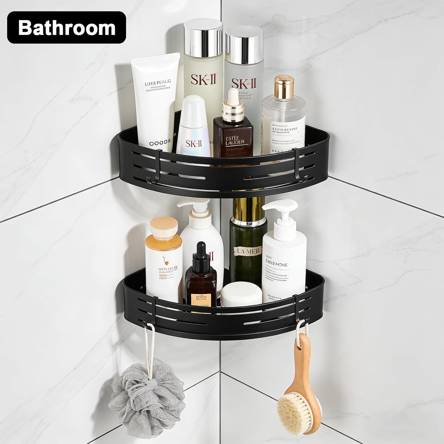 Adhesive Corner Shower Caddy 2 Pack, No Drilling Corner Shelf Bathroom Shower Caddy with Hooks, 2-Tier Bathroom Corner Shelves Shower Caddies, Rust Proof Aluminum Shower Shelf for Inside Shower