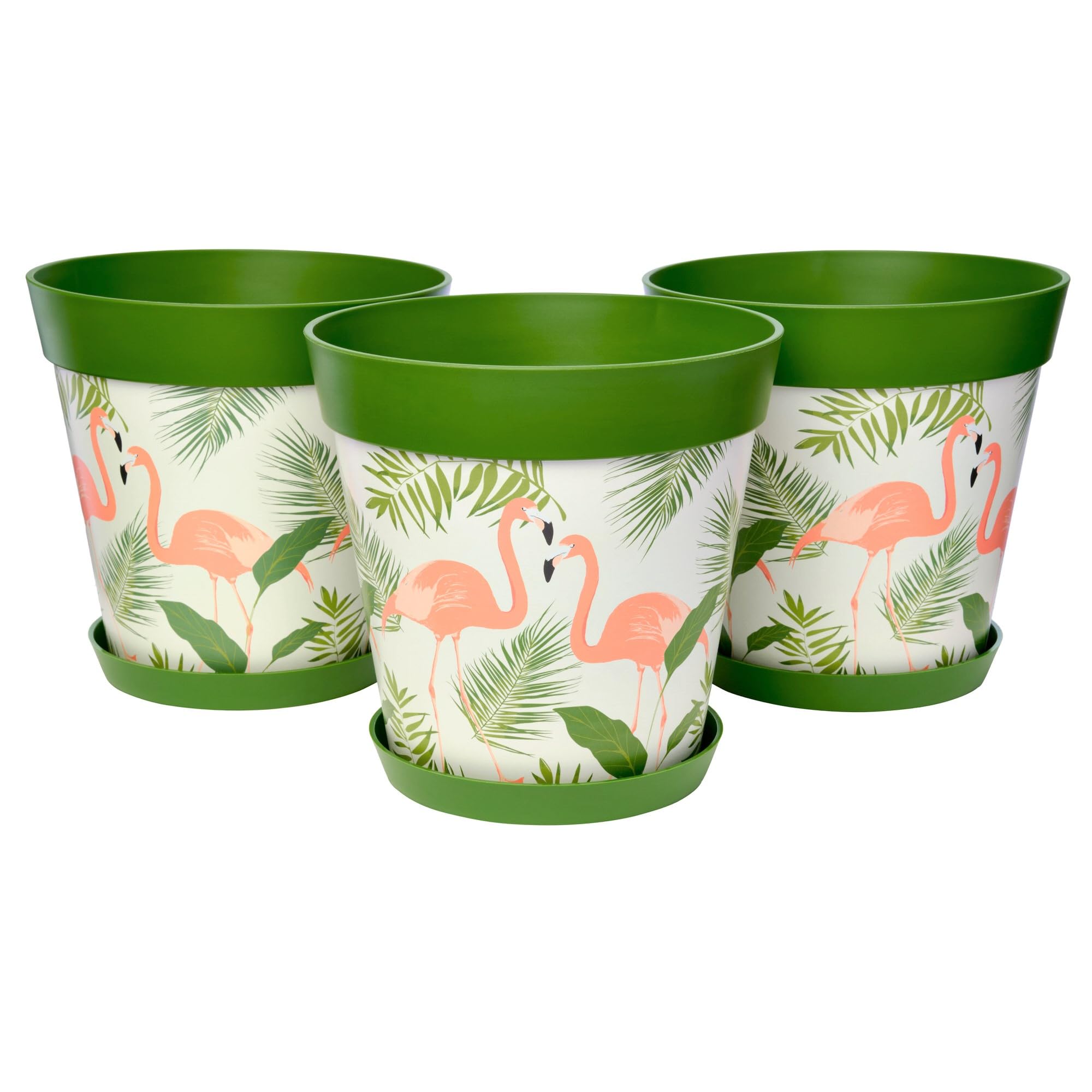 Hum Flowerpots Green Flamingos Set Of 3 Plastic, Indoor/Outdoor Plant Pots 25Cm Diameter And 3 Saucers 19Cm Diameter (Green Flamingos)