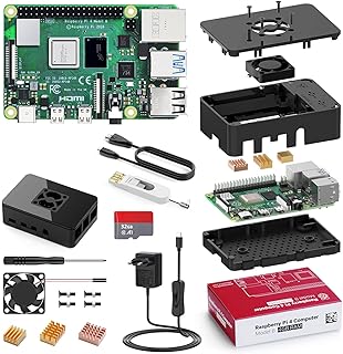 Bqeel Raspberry Pi 4 Modèle B, 4G+ 32 Go Classe 10, 5V 3A Alimentation Interrupteur Marche/Arrêt, Ventilateur, Dissipateu...