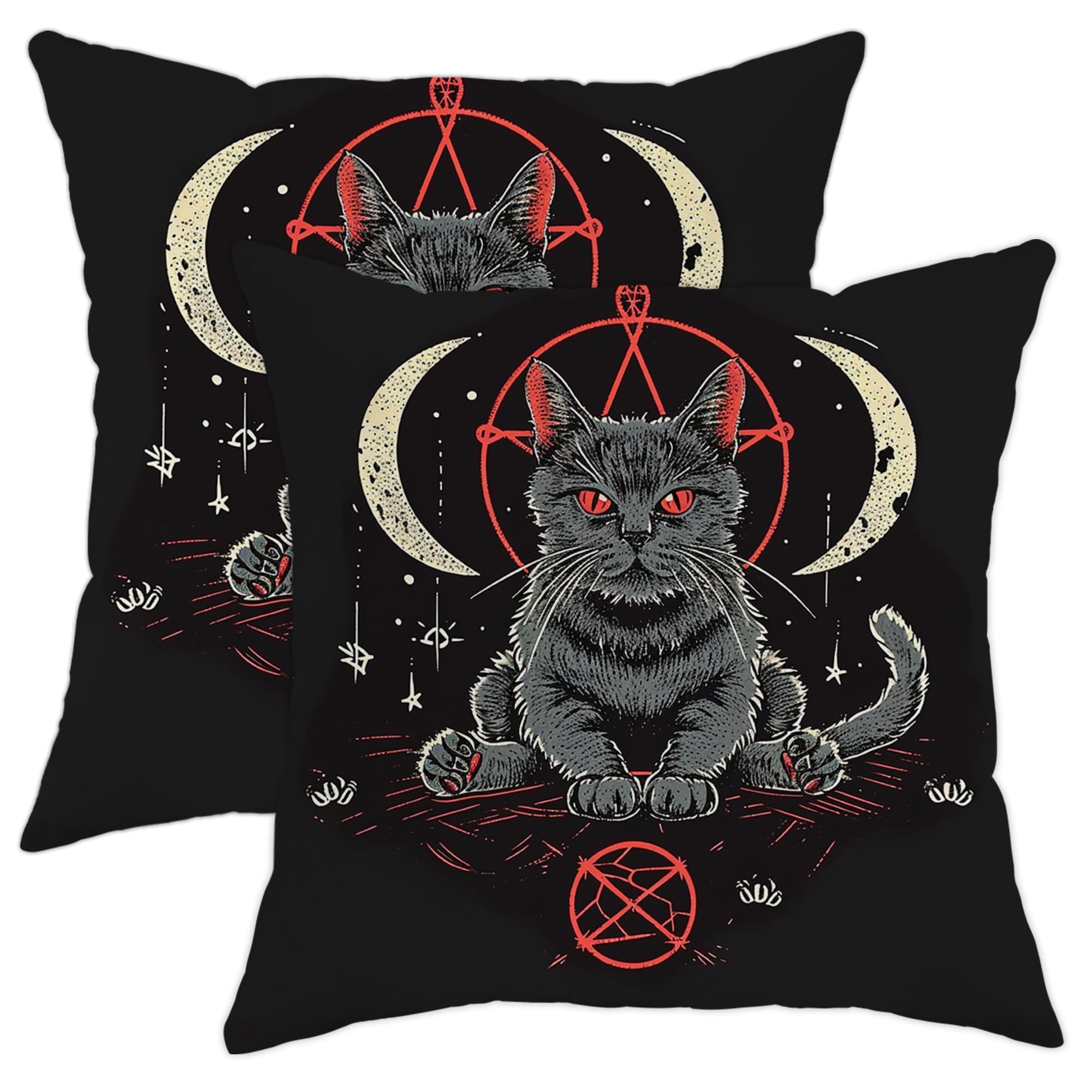 Witchy cat Throw Pillow Covers Moon Astrology Mystery Dark Gothic Animals Retro Cool Black Soft Velvet Zipper Indoor Outdoor Office Chair Bedroom Couch Decor Cushion Cover 18x18inch Set of 2