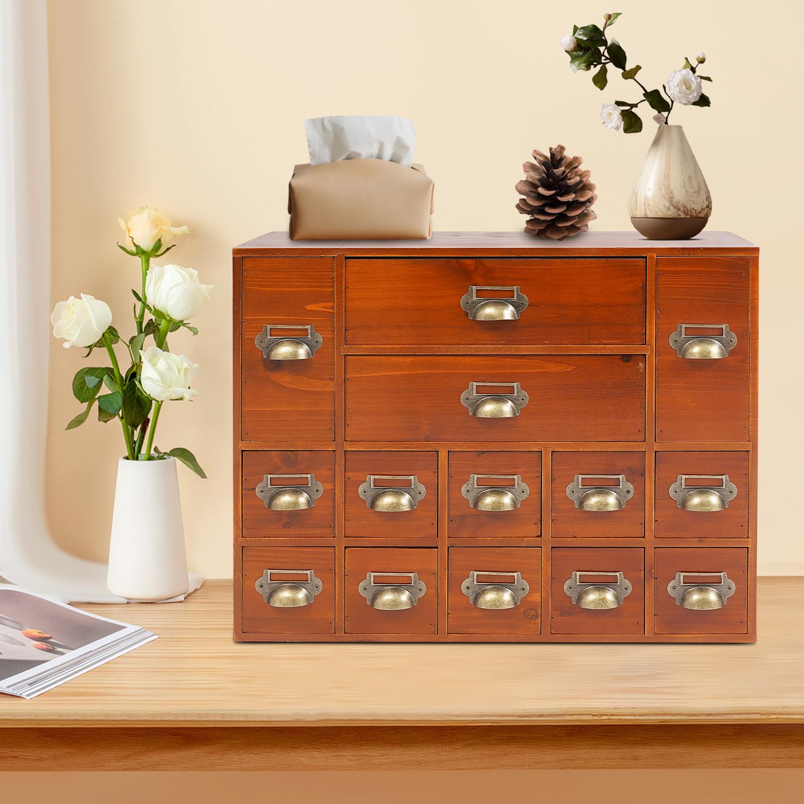 Schubladenschrank, Schreibtisch Organizer mit 14 Schubladen, Schubladenbox aus Holz, Mini Kommode für Büro Küchen Wohnzimmer und Schlafzimmer