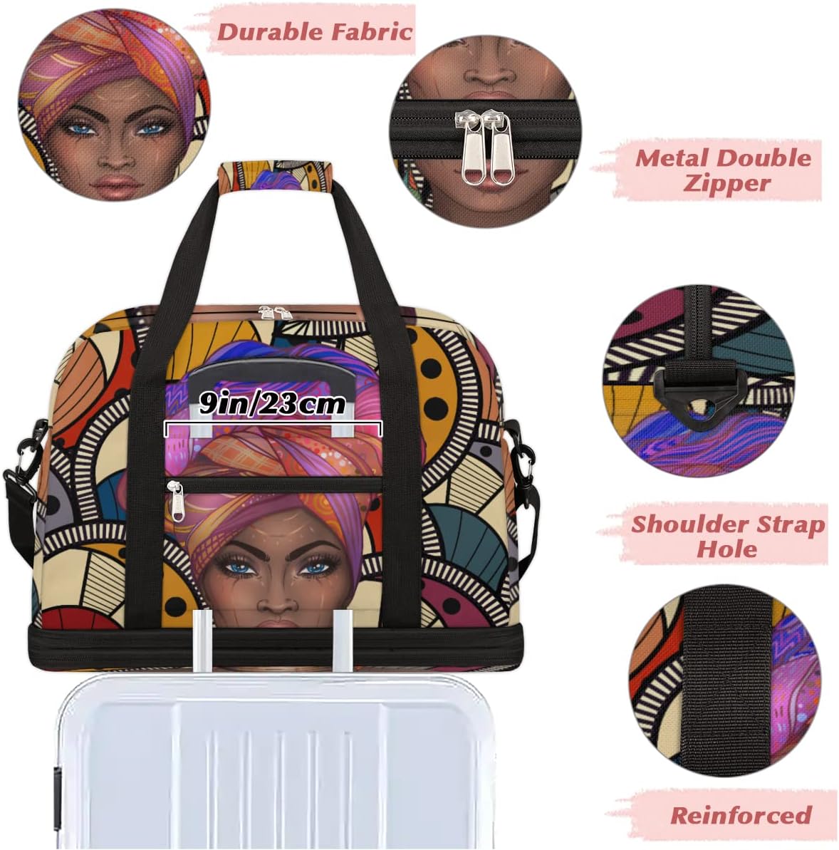 Travel Duffel Bag African Afro Woman Sport Gym Bag for Woman Man,Waterproof Foldable Weekend Overnight Bag for Yoga Workout Training with Shoe Compartment