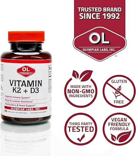 Miniatura 4 de Olympian Labs Vitamina K2 + D3, 60 porciones, apoya el sistema inmunológico, apoyo óseo y cardíaco, 60 cápsulas veganas (paquete de 2)