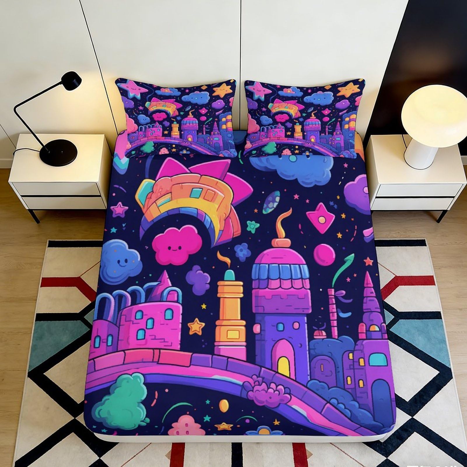 Jqzkxnhpbr Style-2 3D Printed Neon Fantasy City Fitted Sheet Microfiber Soft Mattress Cover, Dream Night Sky Bed Sheet For Bedroom Dorm Decor 90X200x25cm