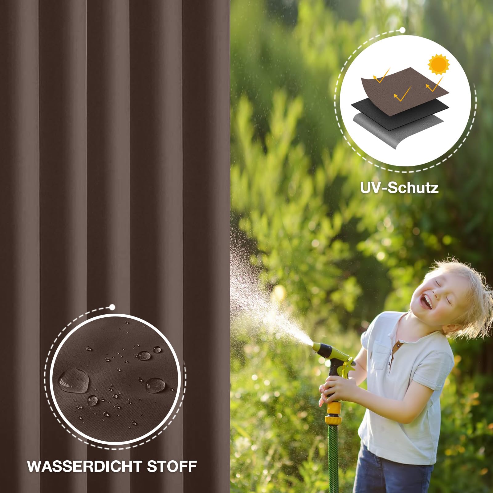 Outdoor Vorhang Wetterfest B254xH213CM, Wasserdicht Outdoorvorhänge mit Ösen, Aussen Gardinen Winddicht Sonnenschutz Sichtschutz für Garten Terrasse Balkon Pergola Pavillon (Schokoladenbraun)