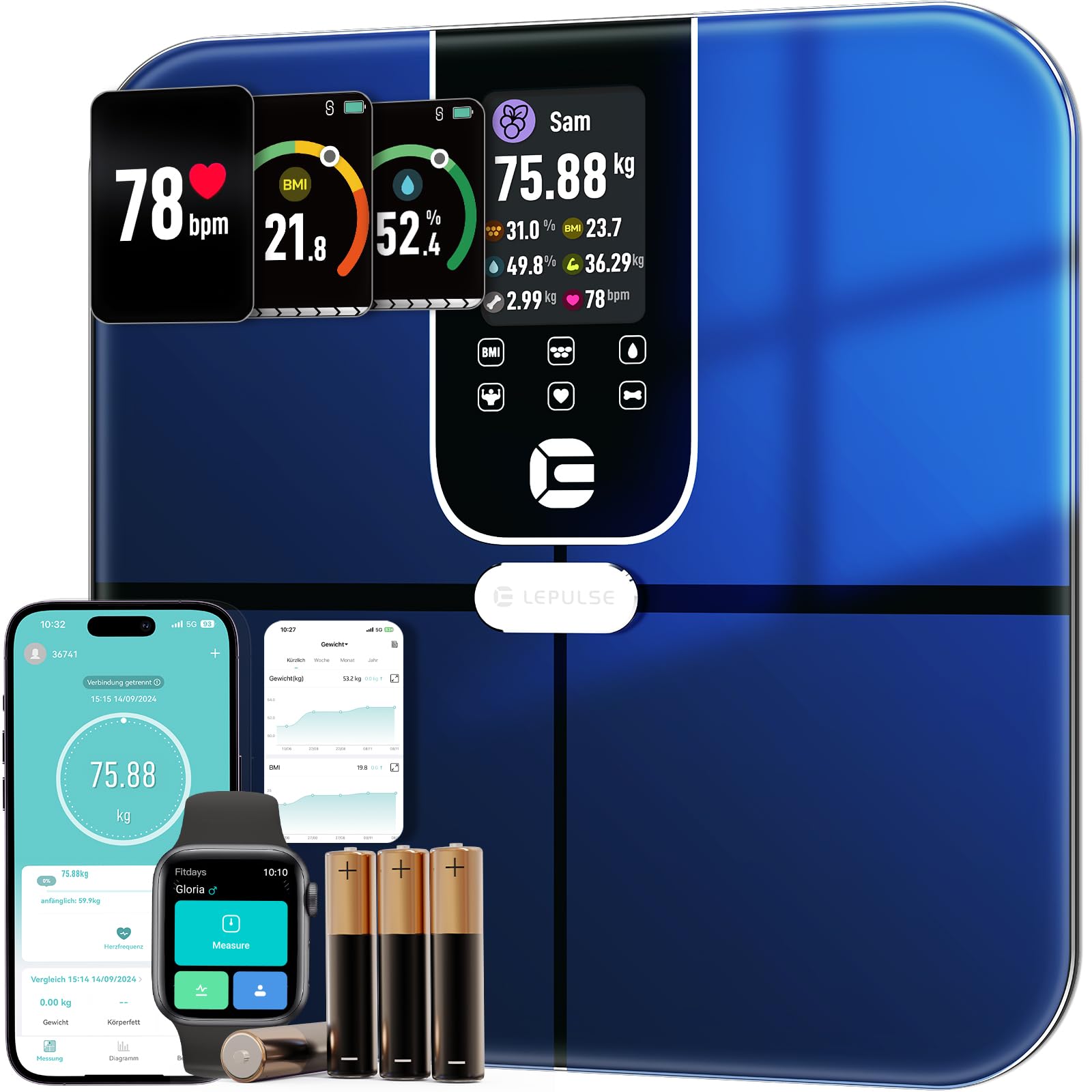 Lepulse Báscula digital para personas de 3,35 pulgadas, TFT, pantalla grande, báscula digital con grasa corporal y masa muscular, báscula BIA con aplicación, 22 datos de medición, frecuencia cardíaca
