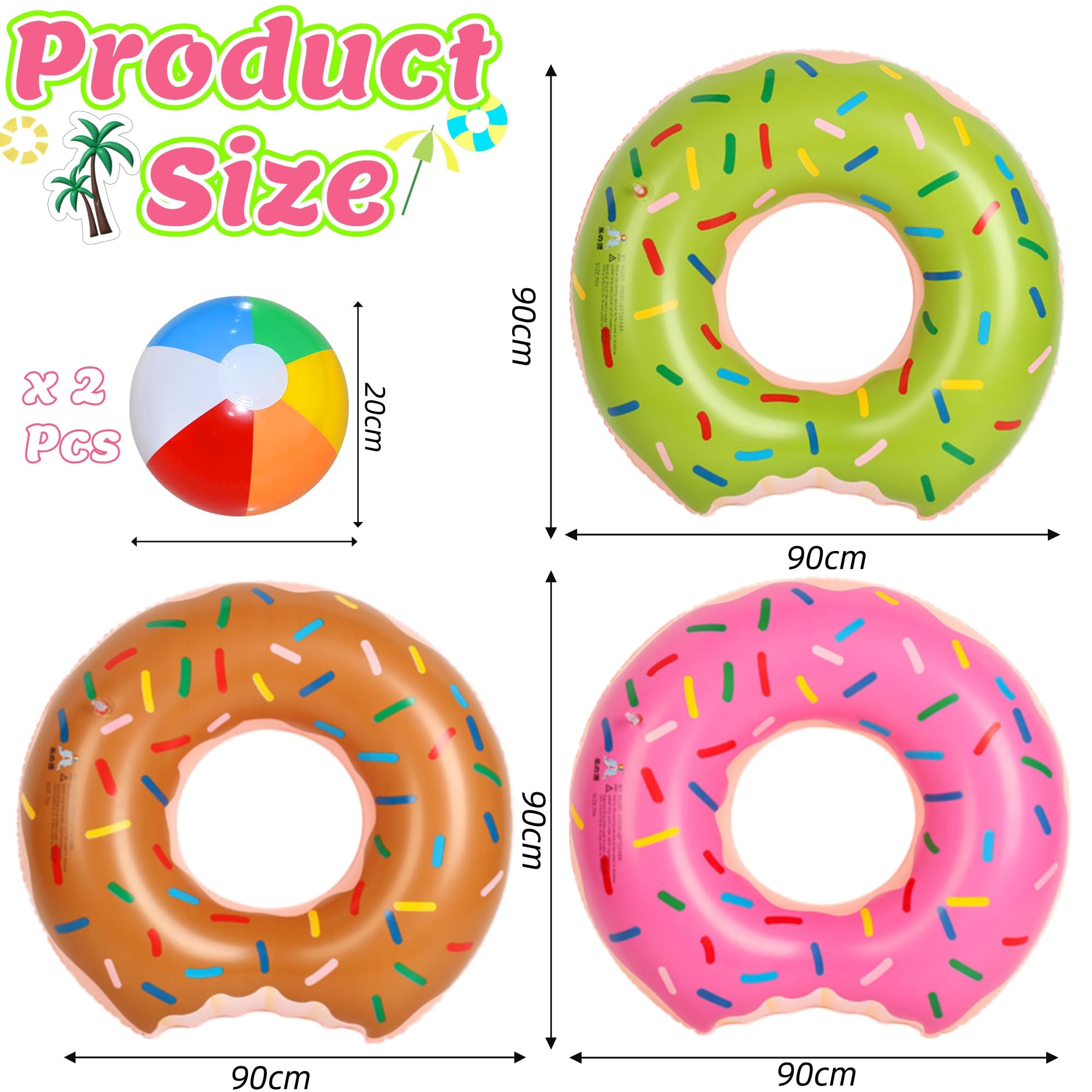 Chennyfun 5 PCS Ciambella Gonfiabile Set, Anello da Nuoto Ciambella Gonfiabile per Bambini e Adulti Set, Rosa,Marrone & Verde, con Pallone da Spiaggia per Nuotare Spiaggia Festa Decorazione per Feste