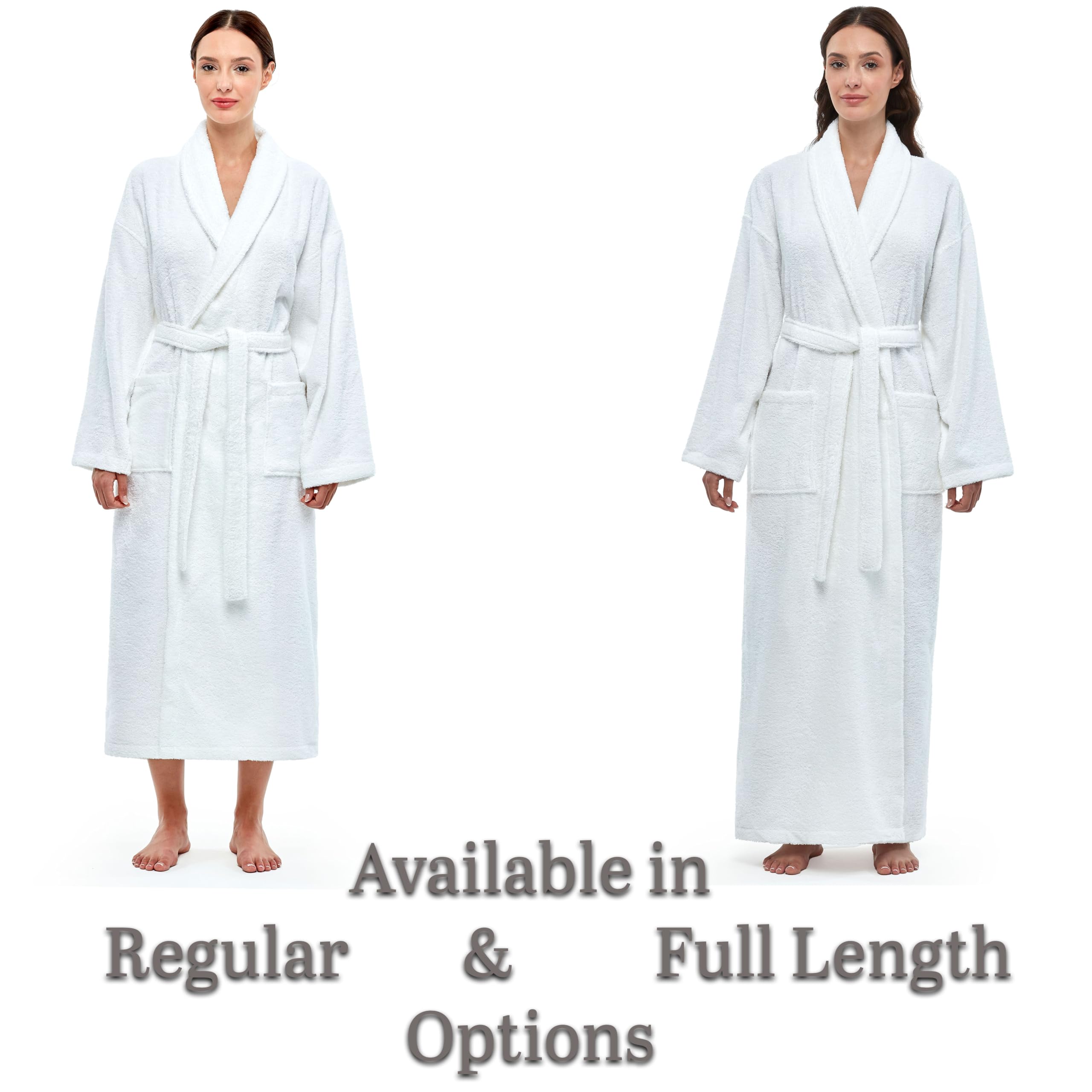 Arus Accappatoio da donna con collo a scialle, accappatoio in spugna di cotone turco, con opzioni di lunghezza regolare e intera, bianco, Large-X-Large