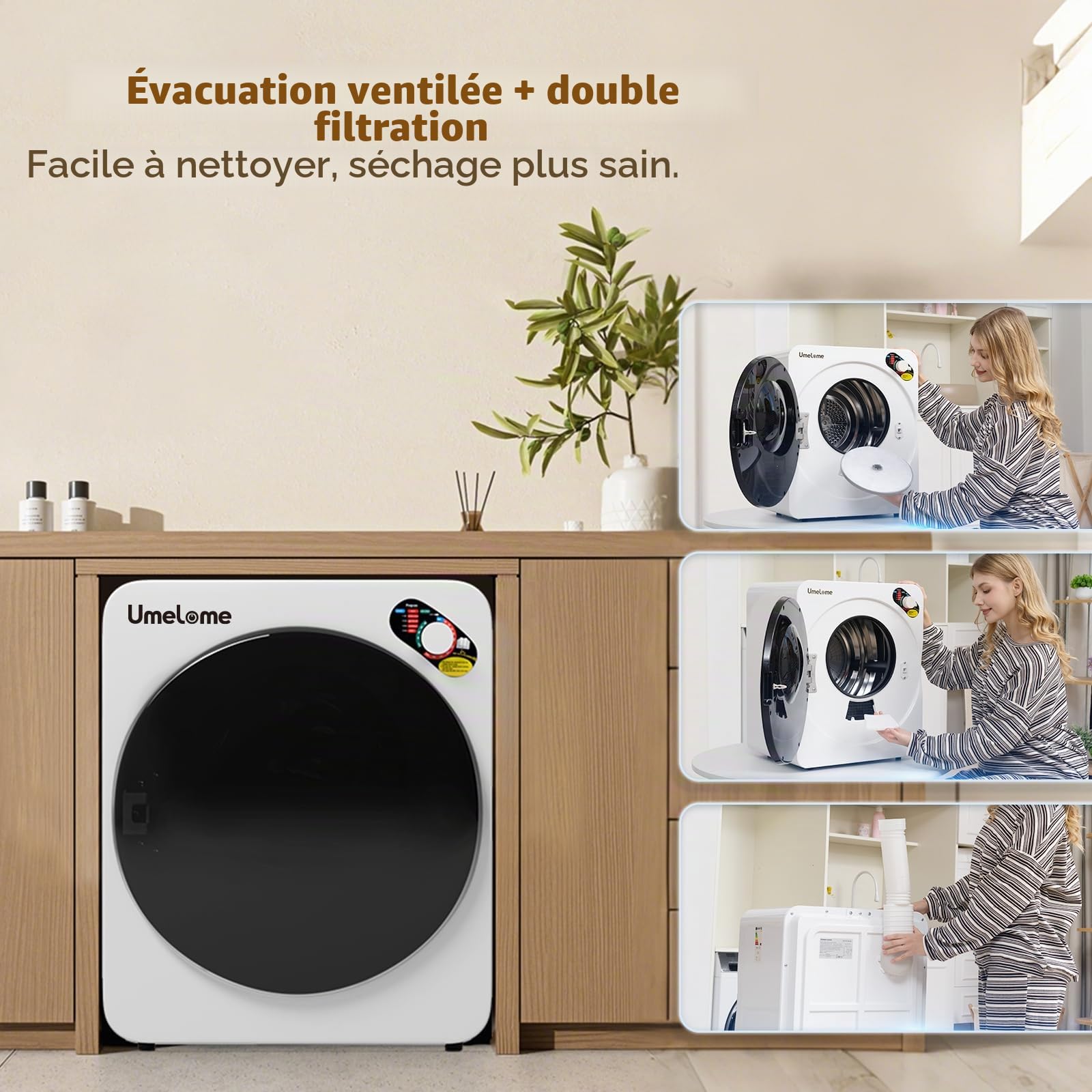 Sèche-linges à évacuation Umelome 4KG, 5 programmes de séchage et minuterie, Blanc