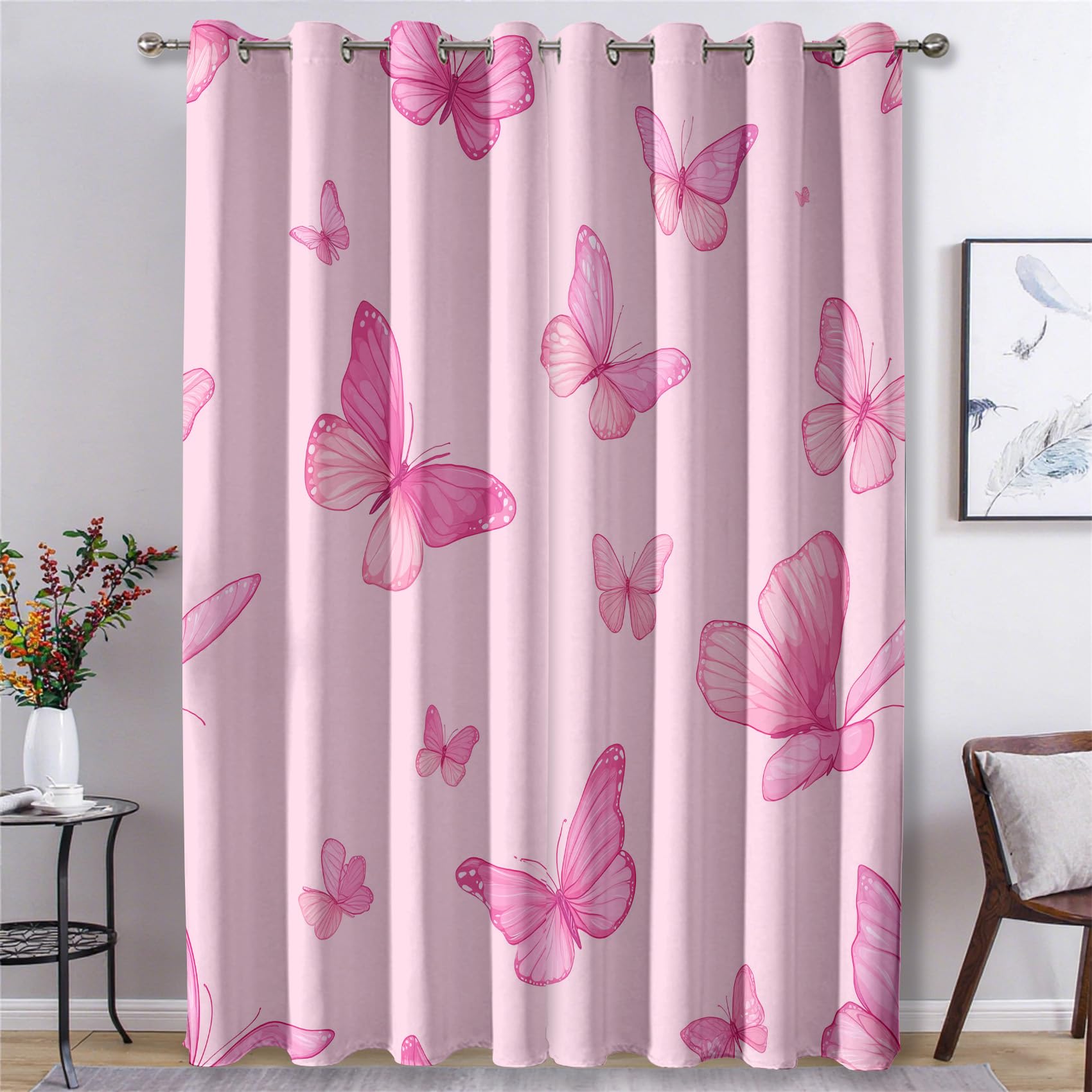 Pink Butterfly Curtains for Bedroom Living Room, Cute Coquette Girls Blackout Curtains Eyelet 108 Drop - Thermal Patterned Window Drapes Home Decor 90x108 Inch 2 Panels K4