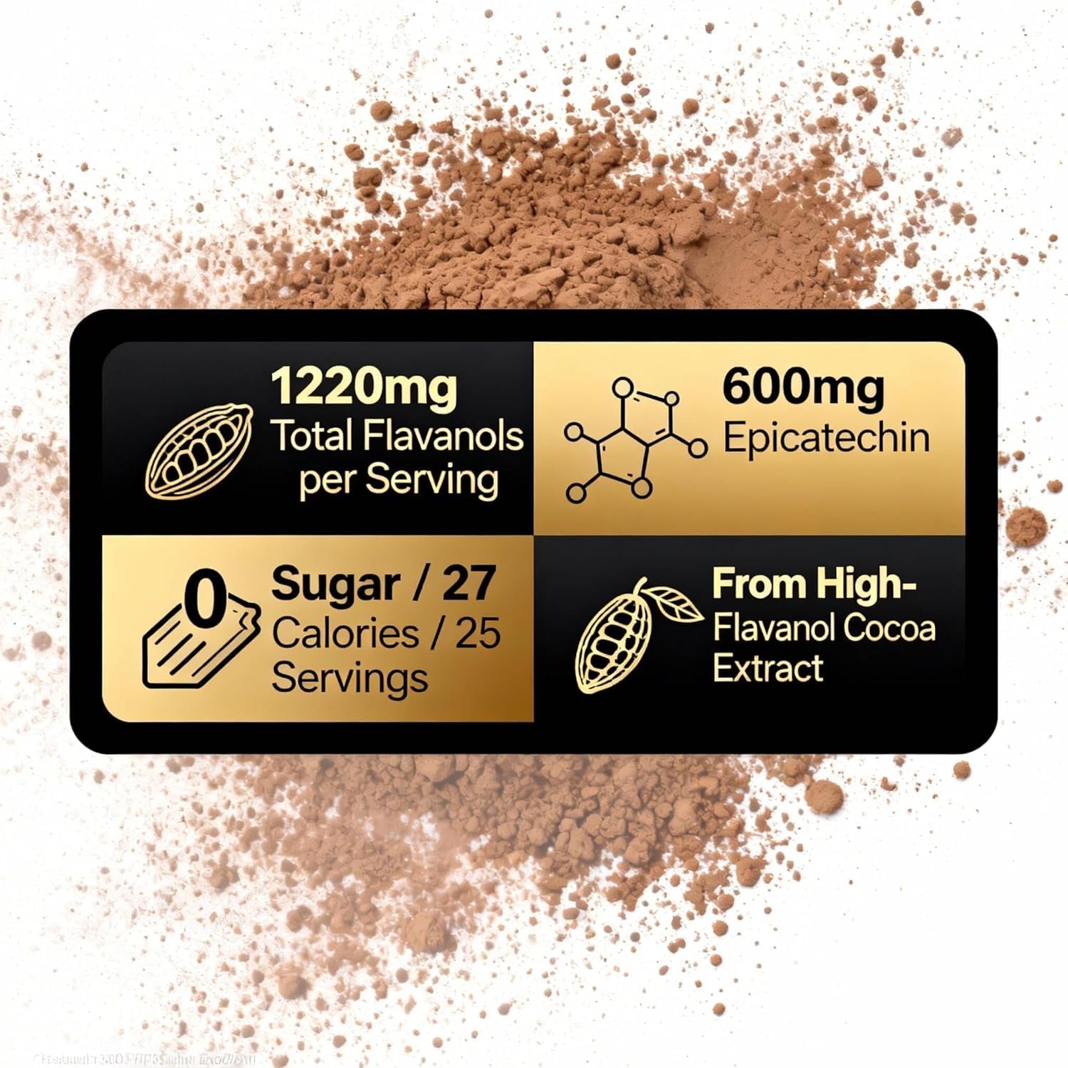 Poudre de Cacao Riche en Flavanols avec 600mg d’Épicatéchine, 10X plus de Flavanols que le Cacao Ordinaire, Soutient l’Oxyde Nitrique & l’Énergie Naturelle
