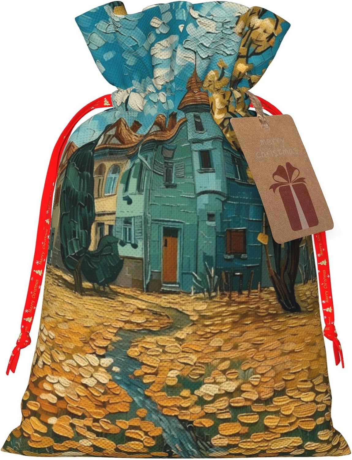 Gift Bag Reusable Wrapping Bag For Holiday Party,Impressionist Village Sky