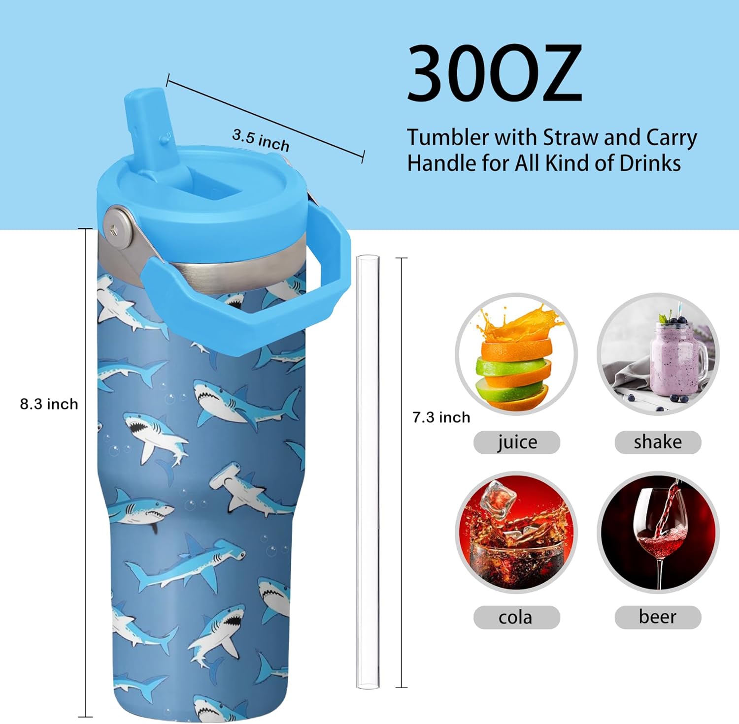 30oz Shark Tumbler with Handle and Flip Straw, Stainless Steel Insulated Cup, Travel Coffee Mug Water Bottle, Birthday Mothers Day Chritmas Gifts for Women Animal Lovers - Image 2
