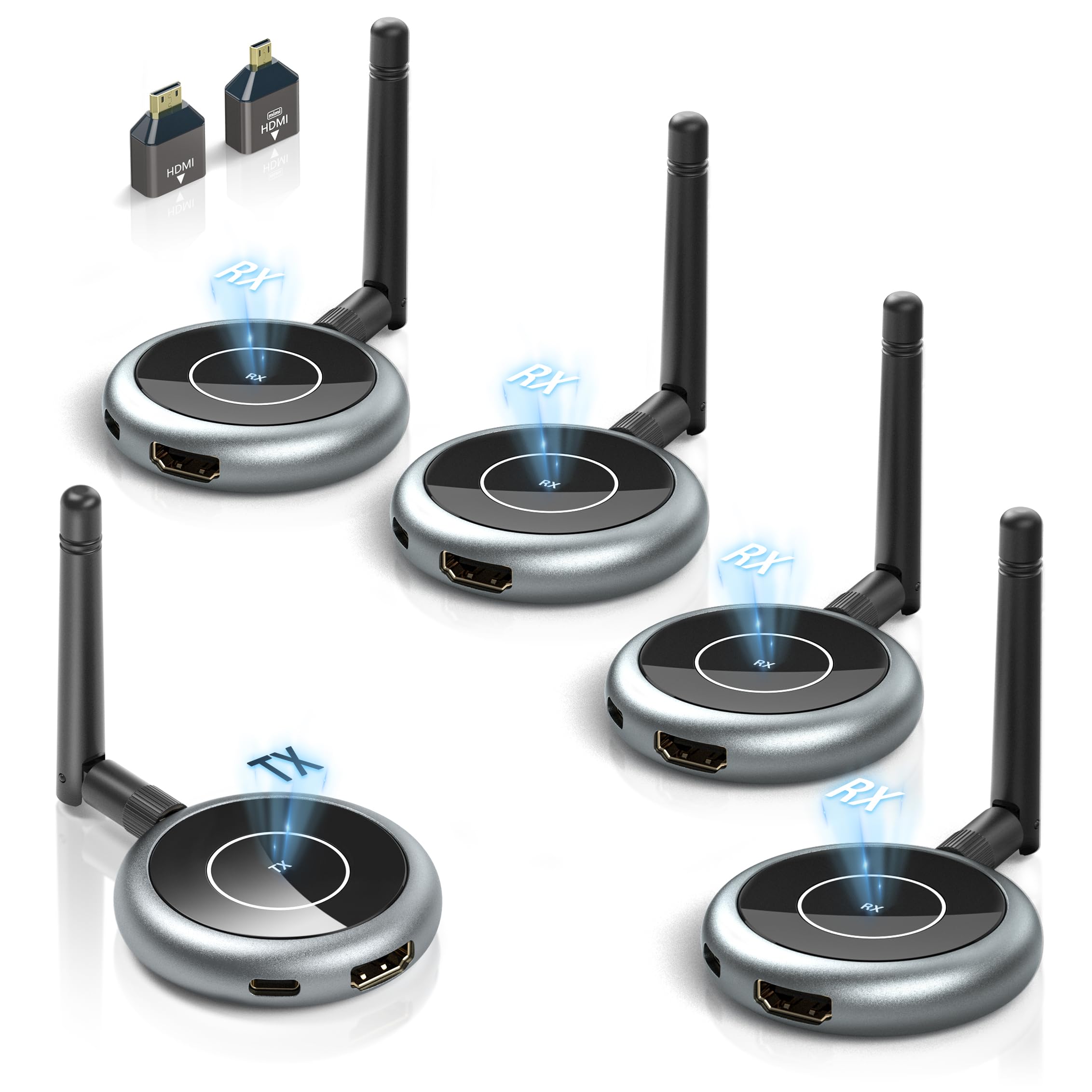 Wireless HDMI Transmitter and 4 Receivers, Wirelessly Simultaneous Expansion of Multiple Televisions,5G 1080P@ 60HZ HDMI Extender,Plug and Play- Stream Video Audio for PC/Laptop/TVs