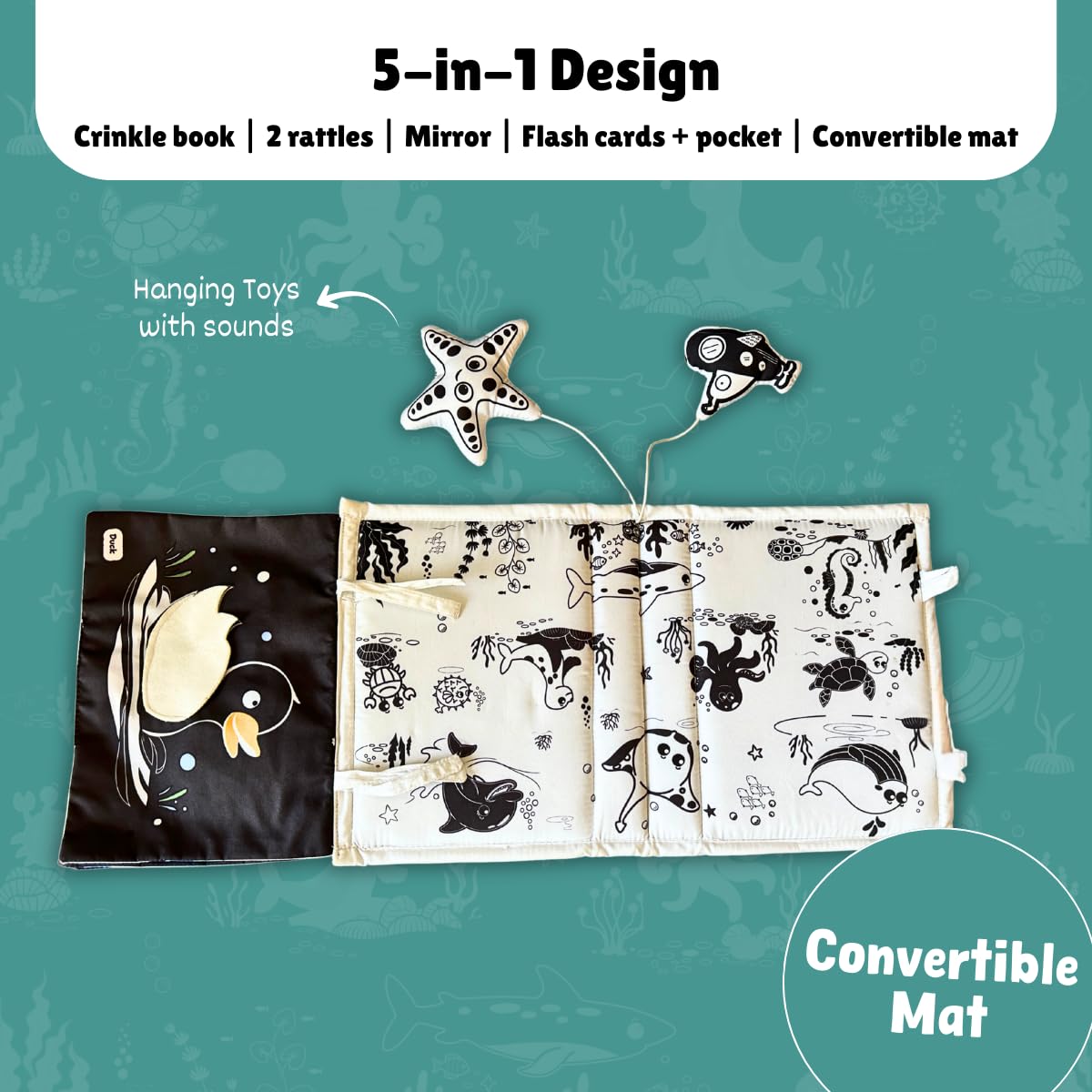 5-in-1 Baby Tummy Time Crinkle Book & Convertible High-Contrast Mat with Rattles & Mirror | Sensory Book for Newborns & Infants (0–1 Year) | Cloth Book for Tummy Time & Early Development 2