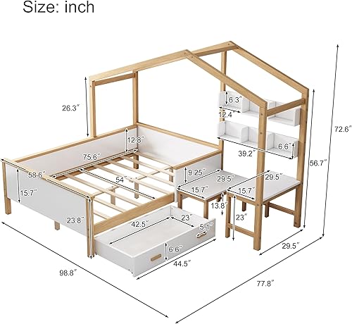 Miniatura 226 de Cama de casa de tamaño individual con 2 cajones, marco de cama de madera y barandilla de seguridad. Ahorra espacio, ideal para el dormitorio de un