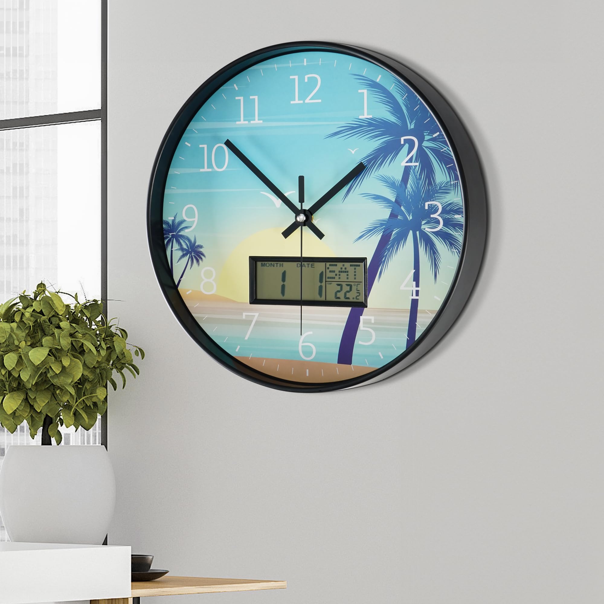 Wall Clock for Living Room - 12 Inch Silent Wall Clocks Battery Operated With Day Week Temperature - Non Ticking Modern Wall Clock Decorative For Bedroom Kitchen Farmhouse Bathroom Office Decor