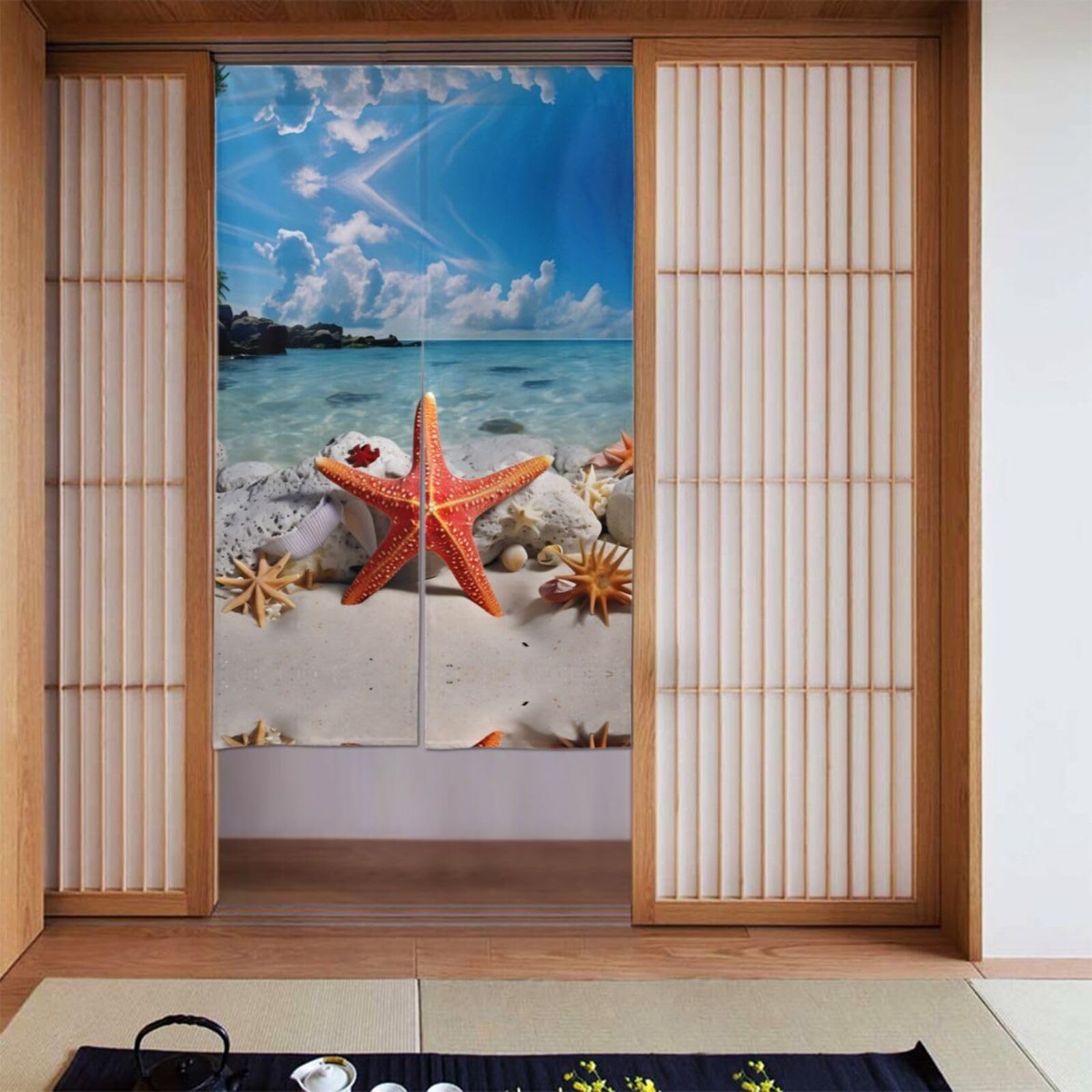 Juego de 2 cortinas opacas decorativas de 142 x 86 cm con estampado de coral y estrella de mar