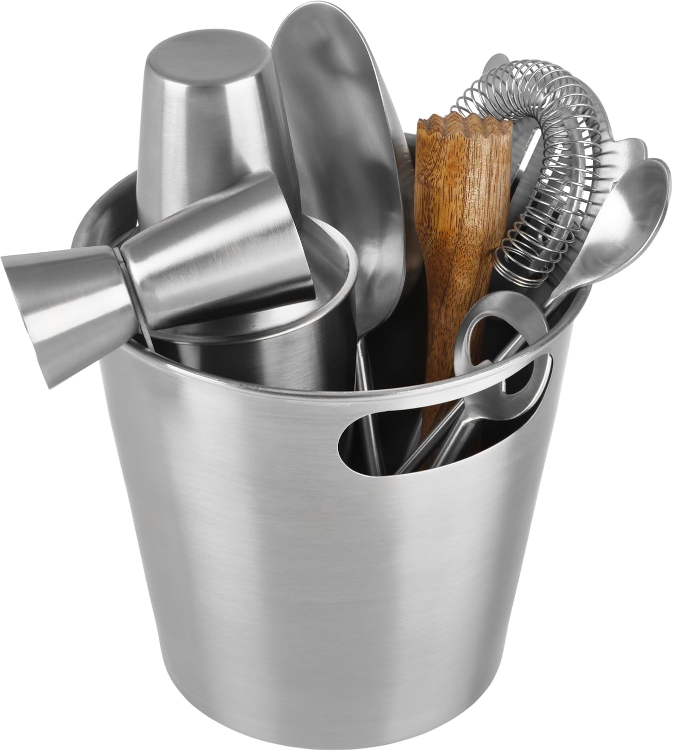 Gourmet Basics Bar Essentials 8-Piece Bar-in-Bucket Tool Set – Includes Ice Bucket, Jigger, Strainer, Bottle Opener, Muddler, Corkscrew – Home Bar Kit for Cocktails, Parties and Entertaining