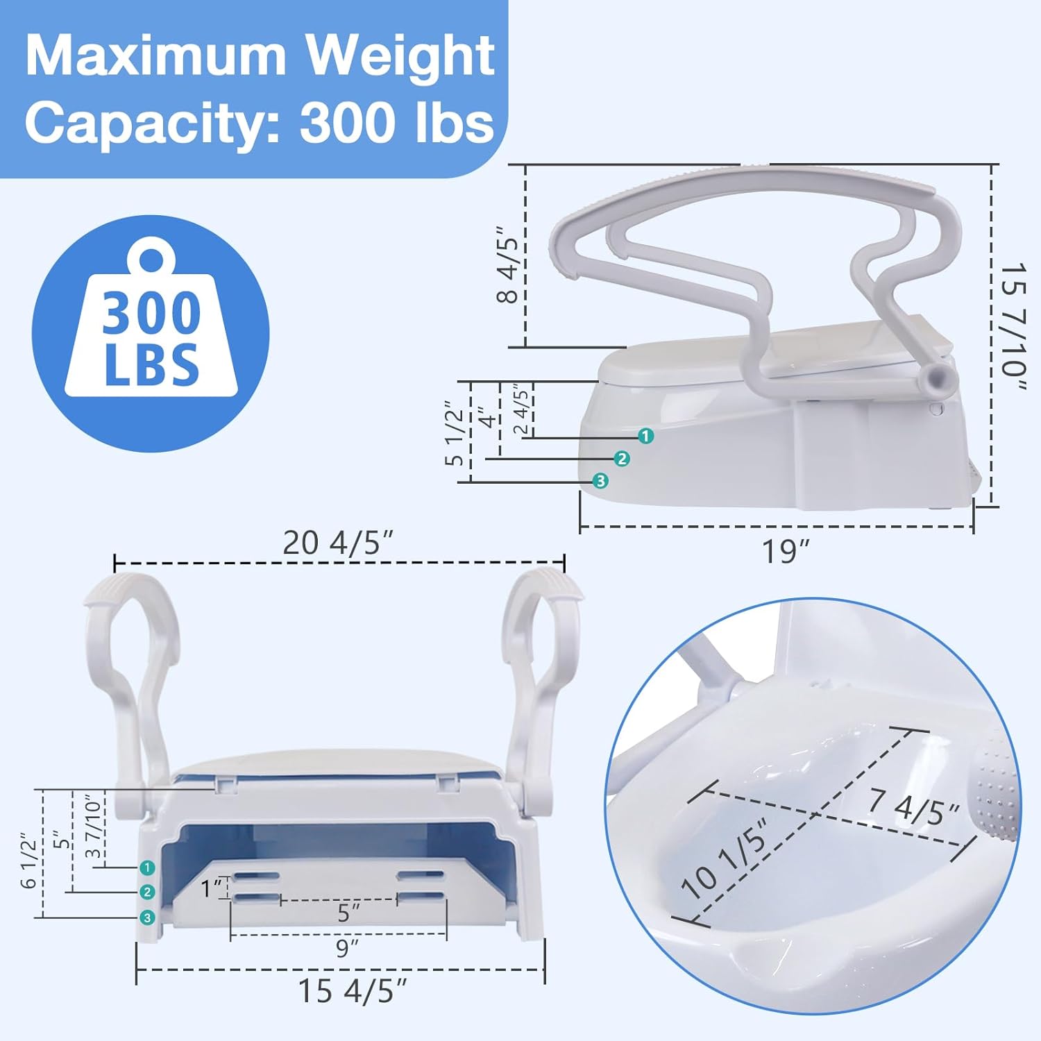 Detailed dimensions and maximum weight capacity of the Soaids Raised Toilet Seat Riser.
