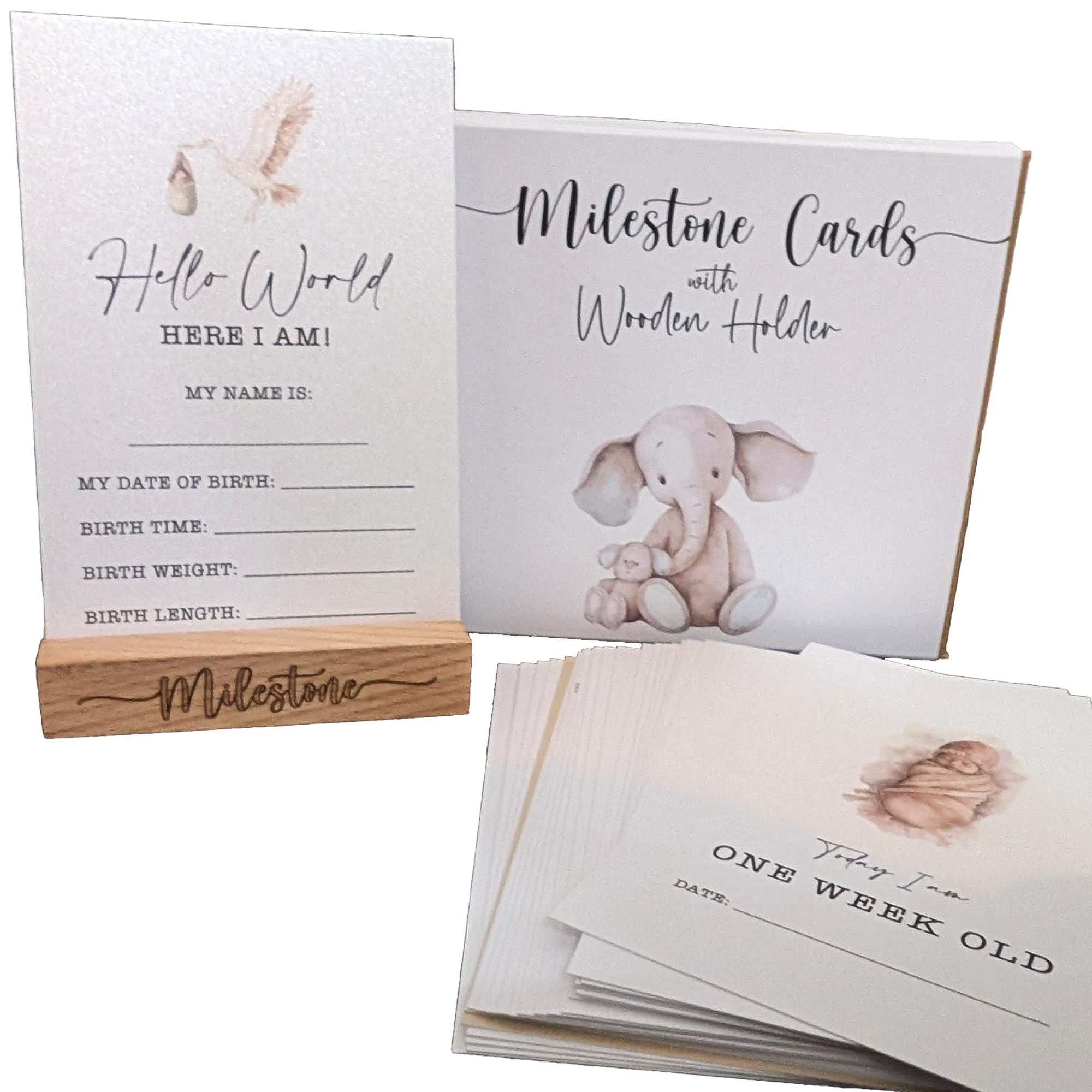 Baby Milestone Cards in Boho Style with Wooden Holder and Gift Box