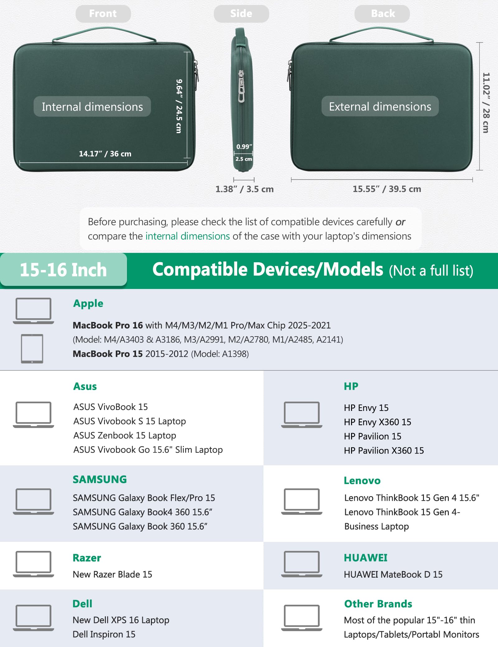 HYZUO 15-16 Pollici Custodia Rigida PC Portatile Borsa per MacBook Pro 16 M4/M3/M2/M1 2025-2019, MacBook Air 15 M4/M3/M2 2025-2023, Dell XPS 16, 15" Surface Laptop, Razer Blade 15, Verde Mezzanotte