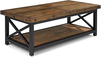 Flexsteel Craftsman Rustic Industrial Coffee Table for Living Room, Solid Acacia Wood Rectangular Table with Lower Storage Shelf, Farmhouse Wood and Metal Center Table, Distressed Finish, Dark Brown