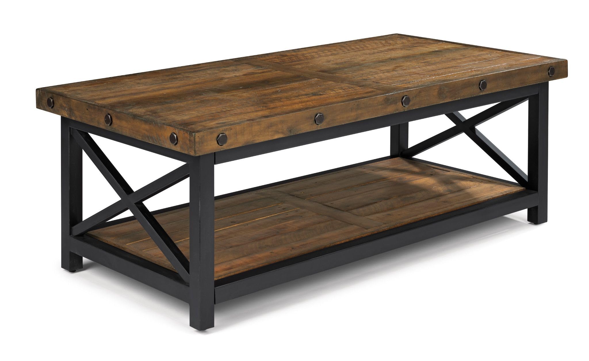 Flexsteel Dark Brown Rectangular Coffee Table with Metal Frame and Exposed Bolt Heads
