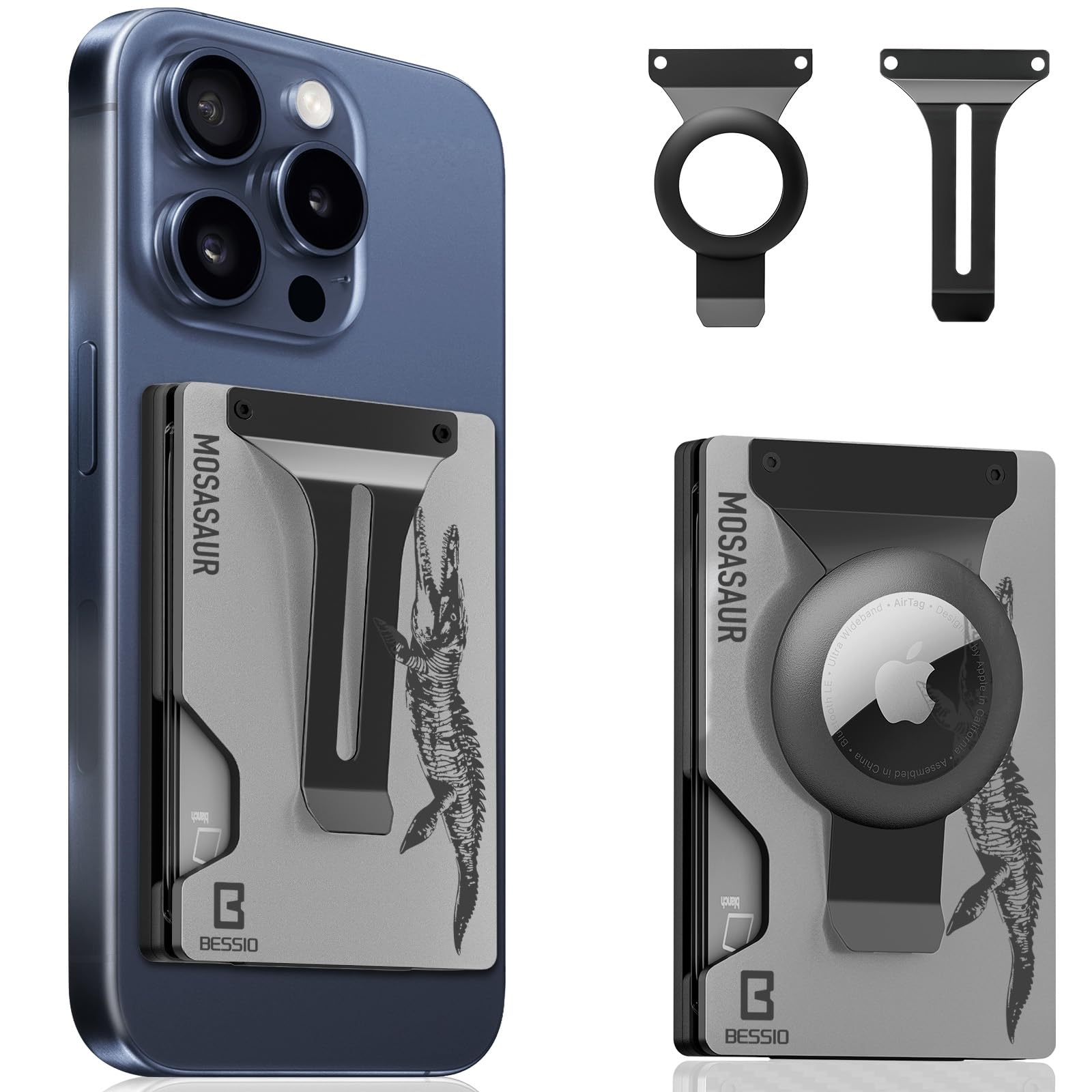 BESSIO Magnetic Phone Wallet Compatible with Apple MagSafe - Metal Card Holder with AirTag Holder, RFID Blocking & Money Clip Mag Safe Wallet for