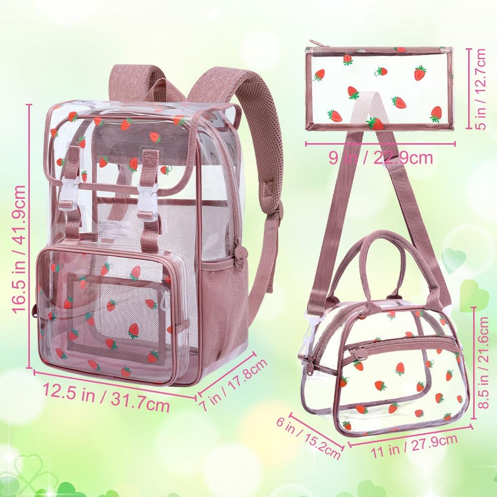 17" Strawberry Clear Backpack for Girls - 3Pcs Flip Design Stadium Approved Set, Campus/School Transparent Bookbag (Pink)