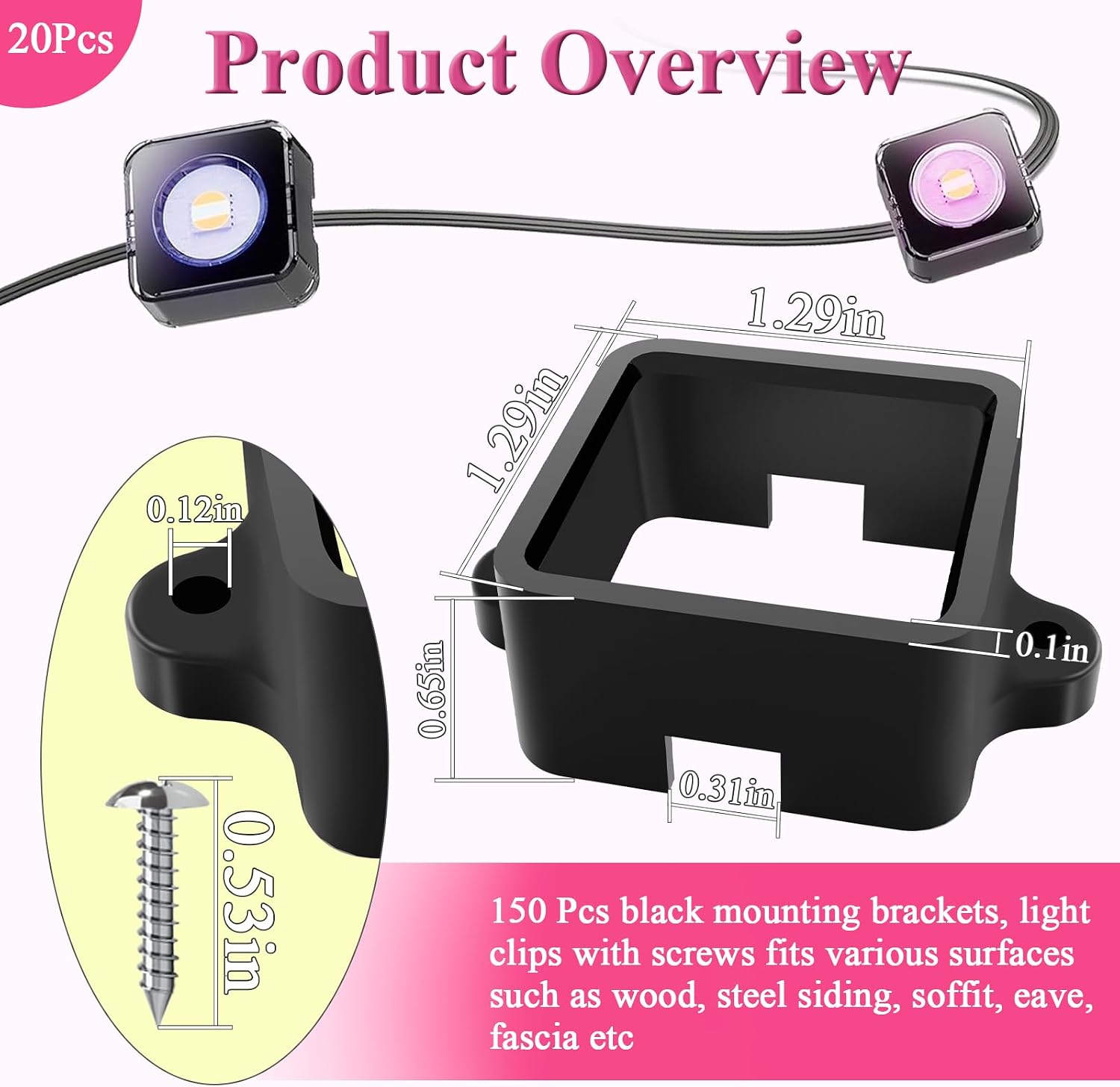 Mounting Brackets Fits Govee RGBIC LED Permanent Outdoor LED Lights Non-Pro/Original H705, Elite Version H805, for Various Surfaces Like Wood, Steel Siding etc, 150 Pcs Black Light Clips W/Screws