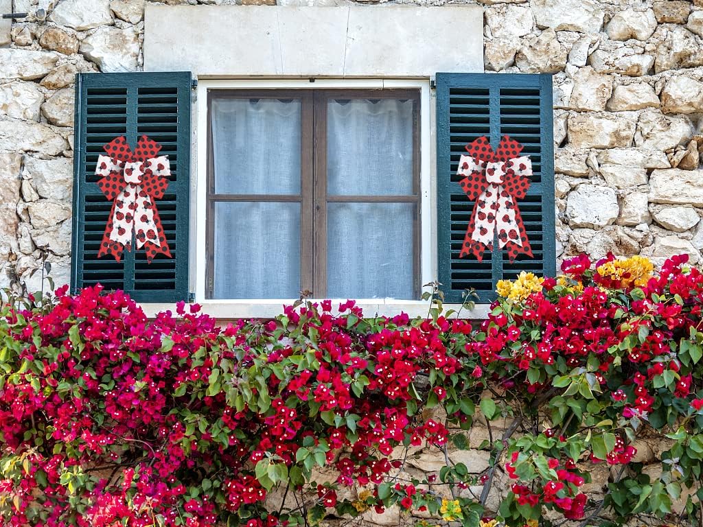 2pcs Spring Wreath Bows White Red Ladybird Burlap Bows for Wreath, Red Black Dots Spots Ribbon Bows Spring Retro Flowers Decor Bows for Springtime Indoor Outdoor Decoration Wreath Ornament Supplies