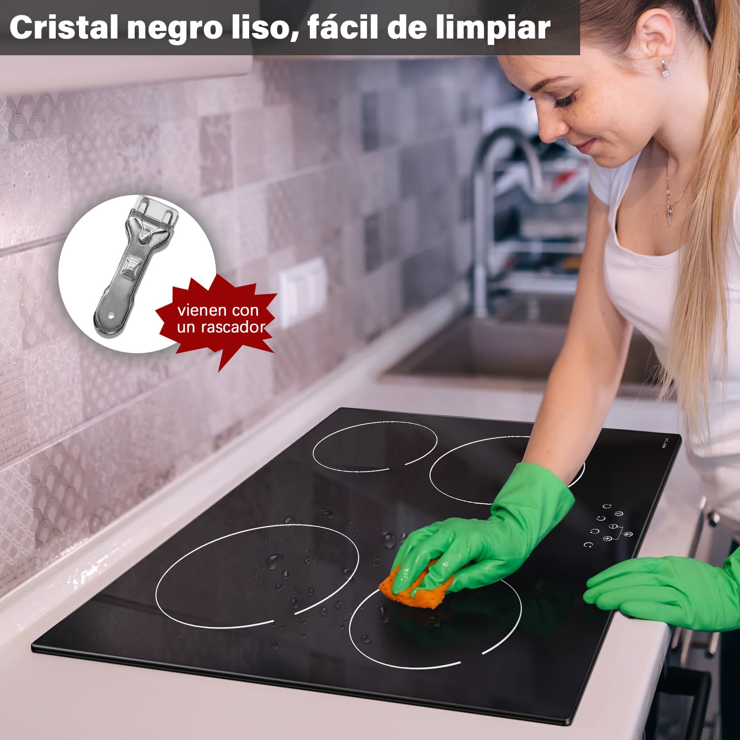 NOXTON Placa vitroceramica 4 fuegos, 60 cm, Control táctil, 6000 W | 9 niveles de potencia, Bloqueo para niños, Indicador de calor residual, 220-240V, Encastrable, Sin enchufe.